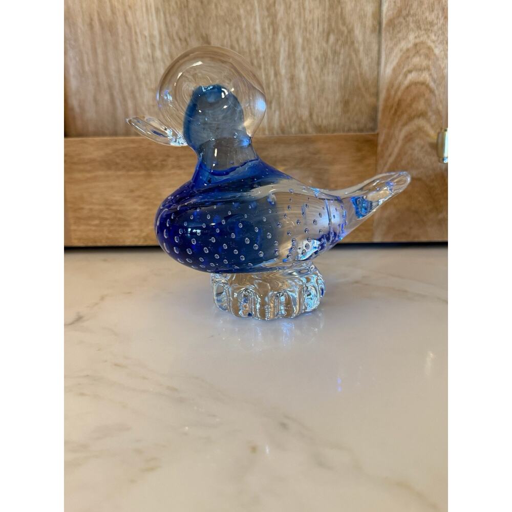 Vintage Blown Glass Blue Bird Paperweight Murano Style Controlled Bubbles